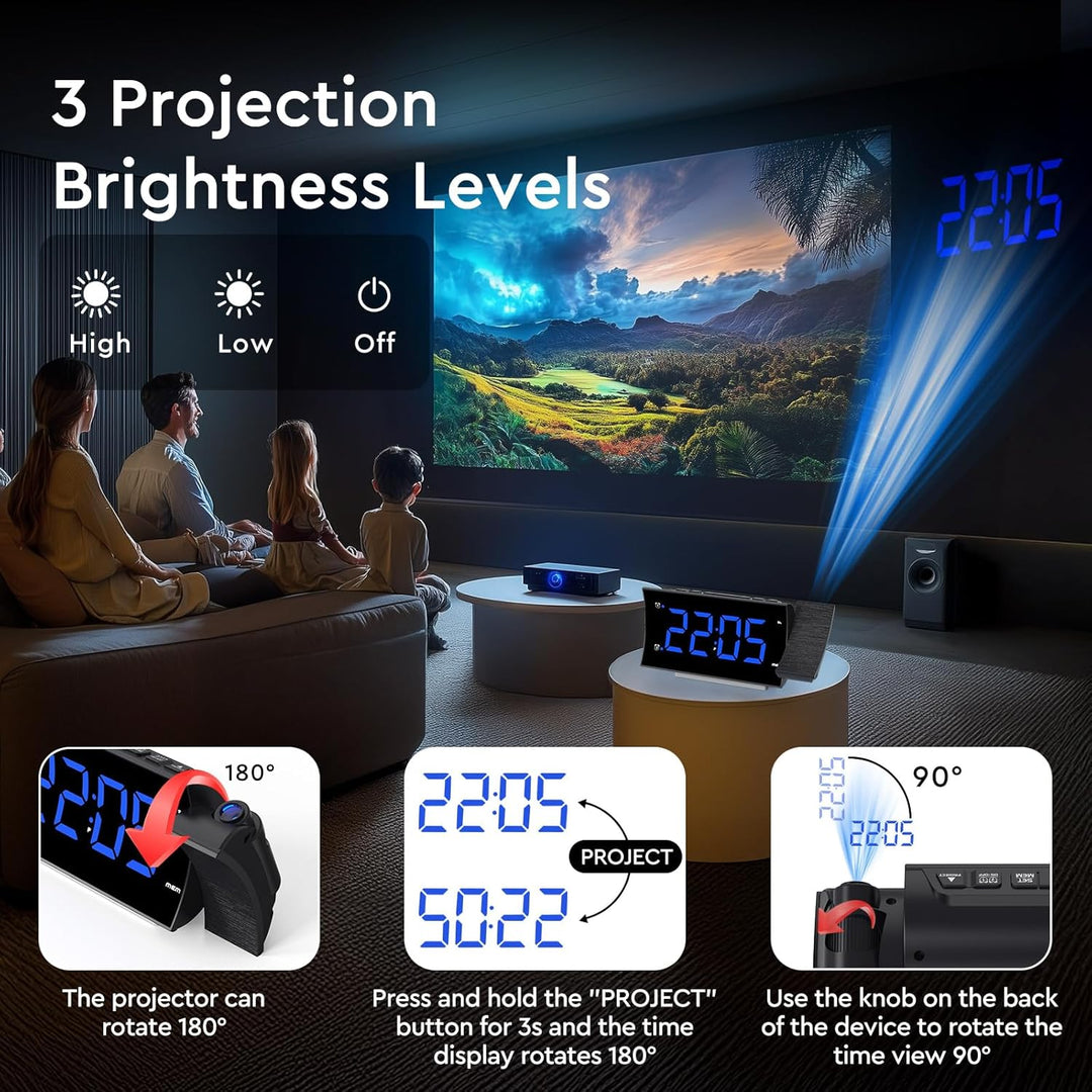 Radiowecker mit Projektion, Projektionswecker Digitaler Wecker, 180°Projektor, Grosser LED-Anzeige,