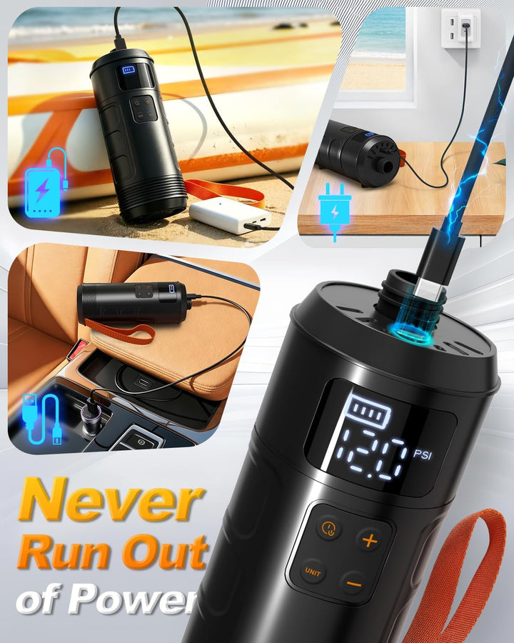 Mojimdo Elektrische SUP Pumpe, Kabellose Luftpumpe bis 12 PSI mit Auto-Stopp, Digitalanzeige & 7 Ven