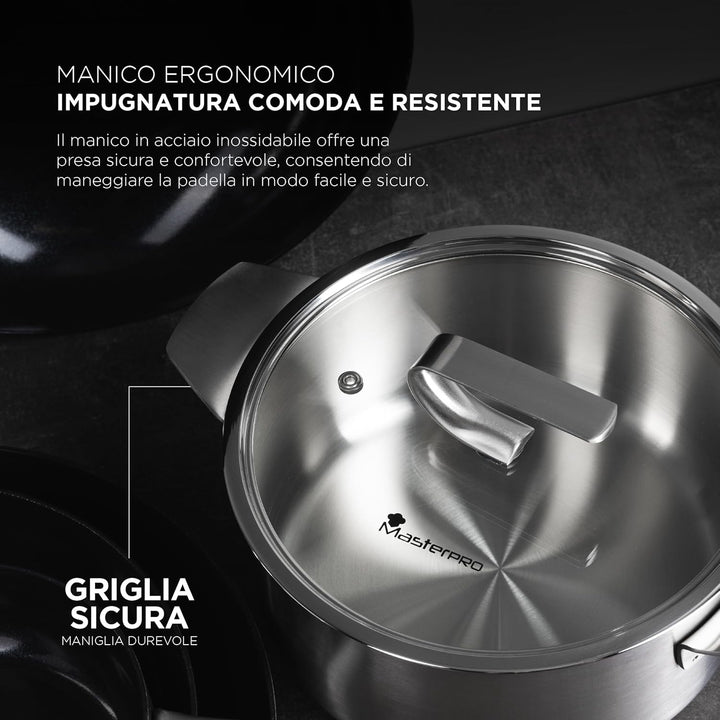 MasterPRO SIGMA - Grosser Kochtopf mit Deckel 9,2L 28x15 cm Edelstahl - Mehrschichtig - Stabiler Gri