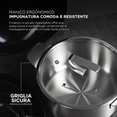 MasterPRO SIGMA - Grosser Kochtopf mit Deckel 9,2L 28x15 cm Edelstahl - Mehrschichtig - Stabiler Gri