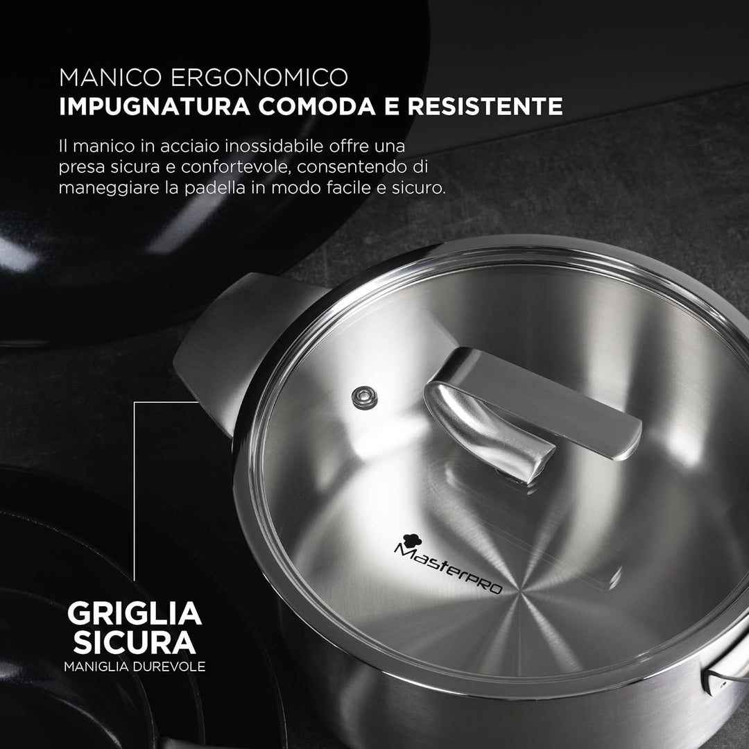 MasterPRO SIGMA - Grosser Kochtopf mit Deckel 9,2L 28x15 cm Edelstahl - Mehrschichtig - Stabiler Gri