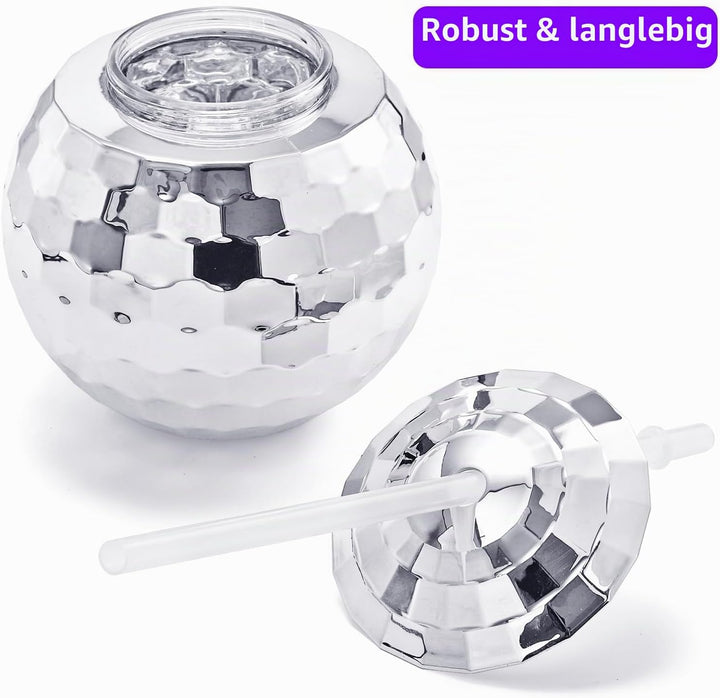 Nicunom 6 Stück 540 ml Discokugelbecher mit Deckel und Trinkhalmen Wiederverwendbar, silberfarben, D