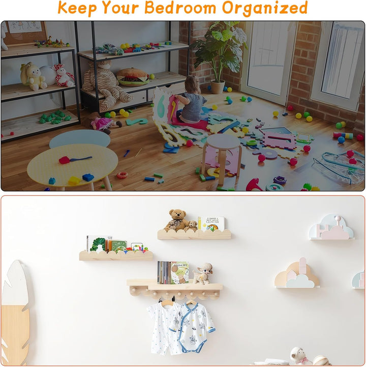 Wandregal Holz Kinderzimmer, 3PCS Bücherregal Kinder Wand mit Holzhaken,Schweberegal ideal für Büche