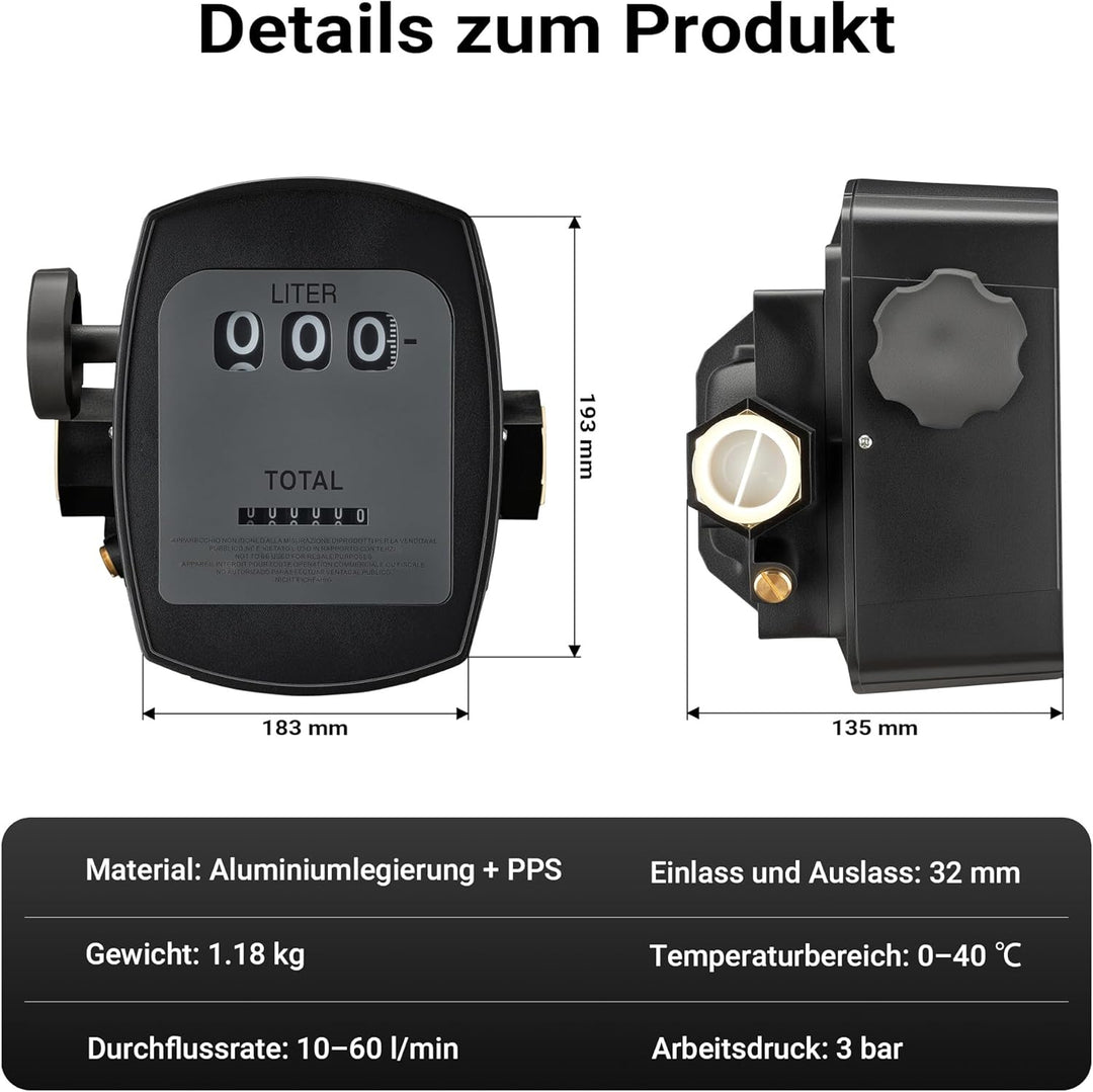 Diesel Heizöl Zähler 3 bar 10-60l/min Anschlüsse 25,4mm (1") Abweichung 1% Heizölpumpe