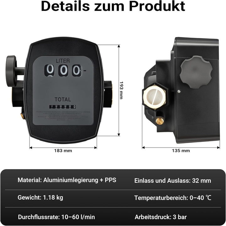 Diesel Heizöl Zähler 3 bar 10-60l/min Anschlüsse 25,4mm (1") Abweichung 1% Heizölpumpe