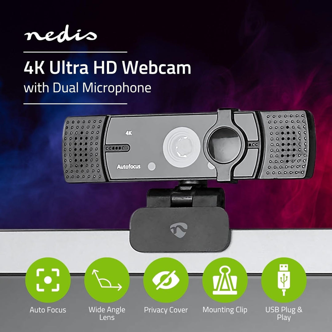Nedis WCAM120BK Webcam | Full HD@60fps / 4K@30fps | Autofokus | Eingebautes Mikrofon | Schwarz