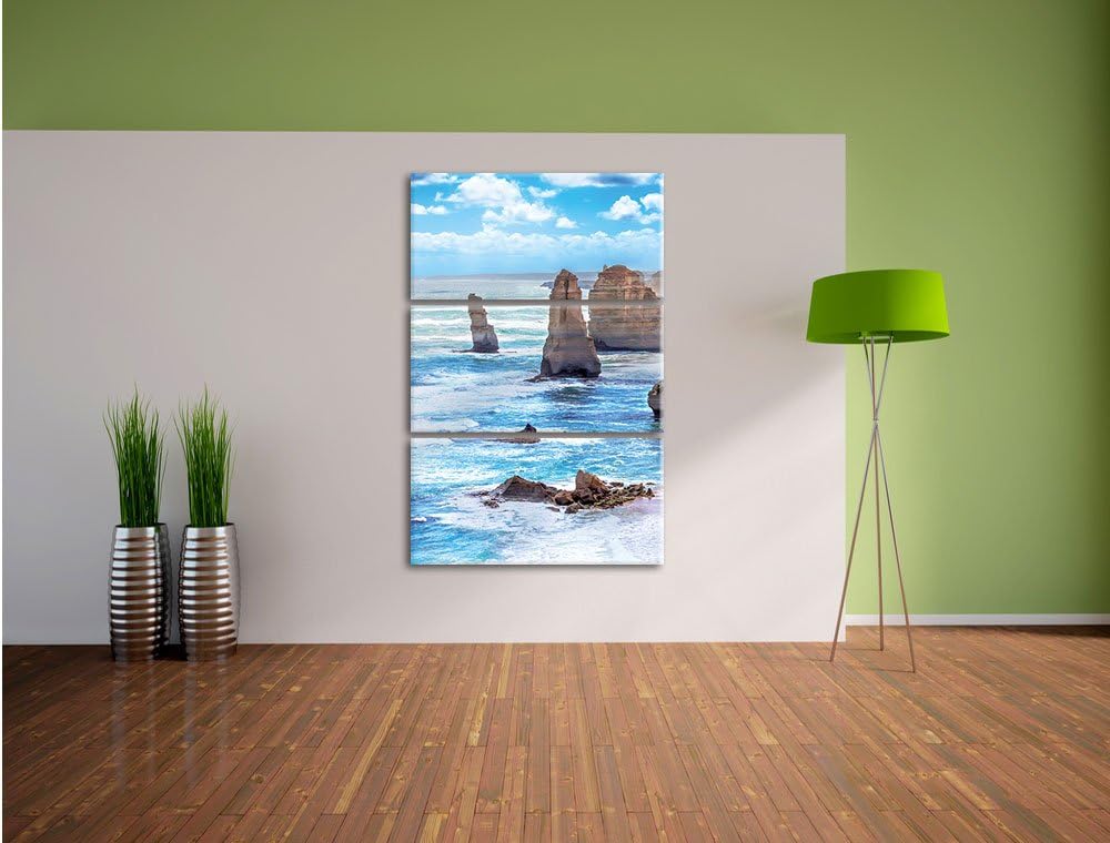 Pixxprint Meer klippe küste Sonnenaufgang Steine Strand 3-Teiler Leinwandbild 120x80 Bild auf Leinwa