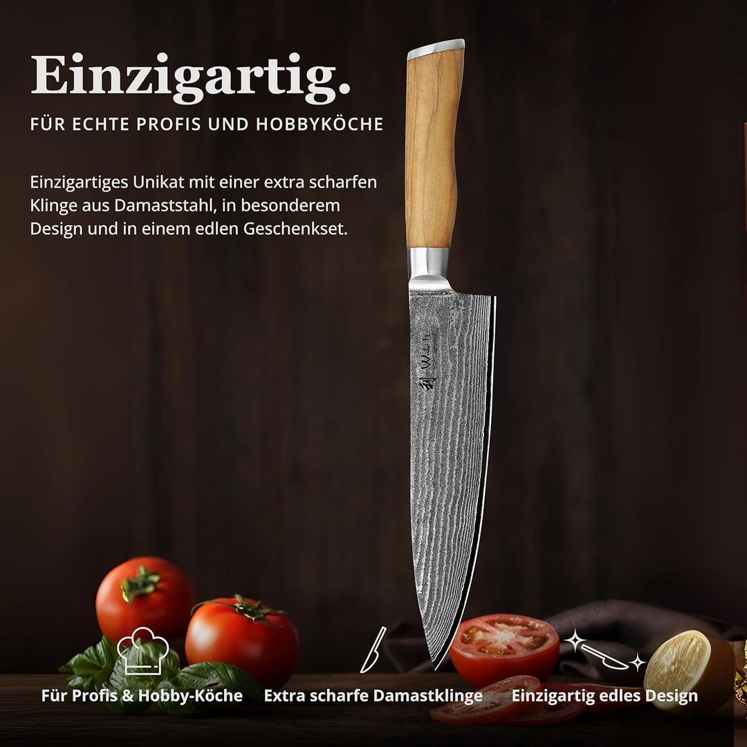 Wakoli Oliven Damastmesser - sehr hochwertiges Profi Messer mit Olivenholz Griff mit Damast Klinge,
