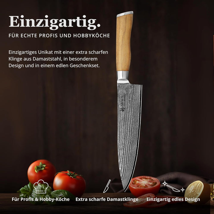 Wakoli Oliven Damastmesser - sehr hochwertiges Profi Messer mit Olivenholz Griff mit Damast Klinge,