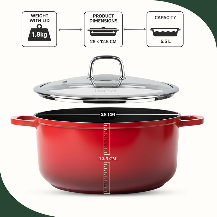 GOLDMANN Premium Gussaluminium Kochtopf 28 CM – 6.5 L – Modern Rot – Keramik-Marmor-Antihaft-Kassero