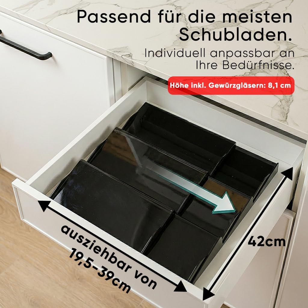 Deco haus® Gewürzregal Schublade [MIT 24 GEWÜRZGLÄSER & ETIKETTEN] - Gewürz Organizer Schublade - Ge