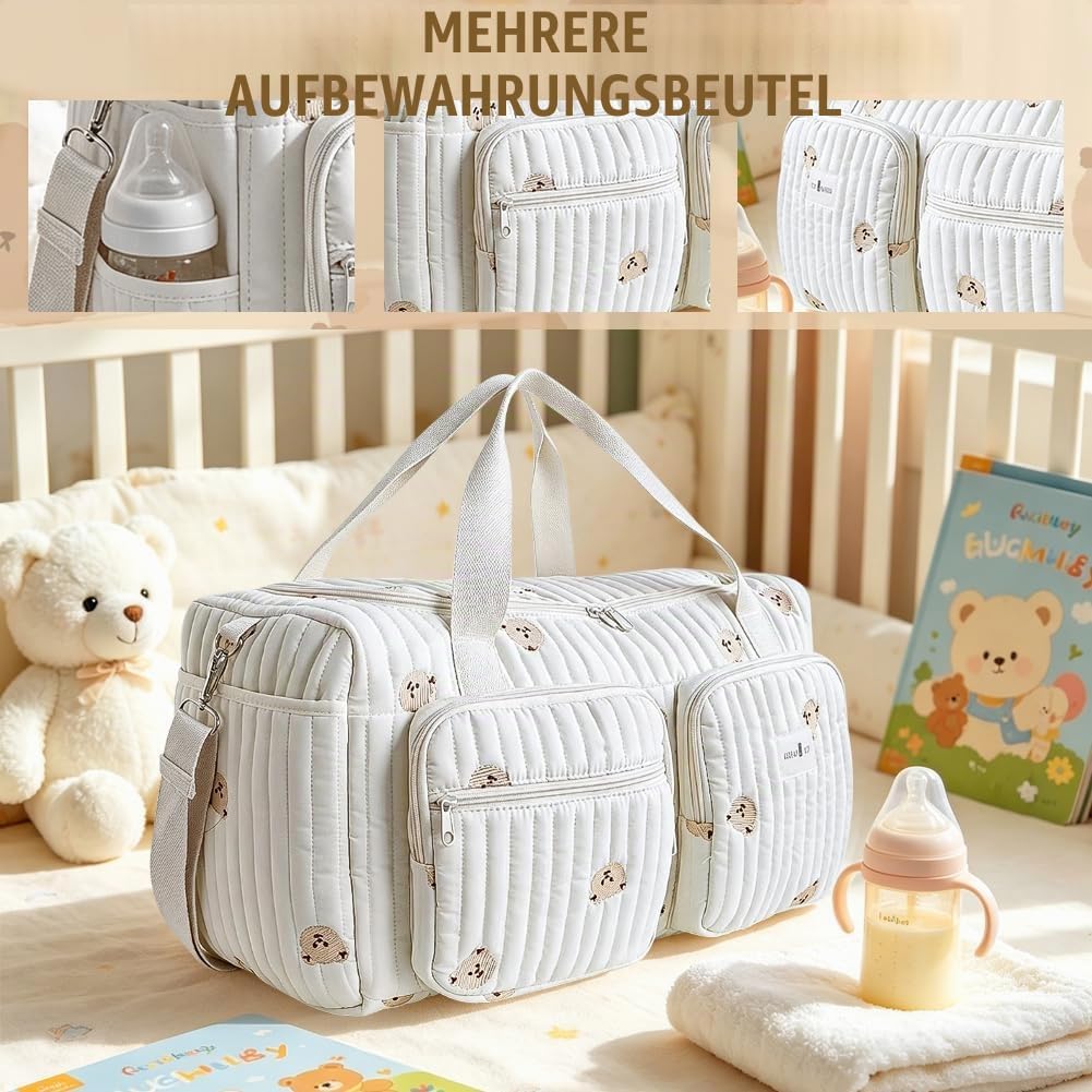 Grosse Wickeltasche Kliniktasche Geburt 48×22×26 cm – Baumwolle Baby Tasche mit Stickerei, Mama Tasc