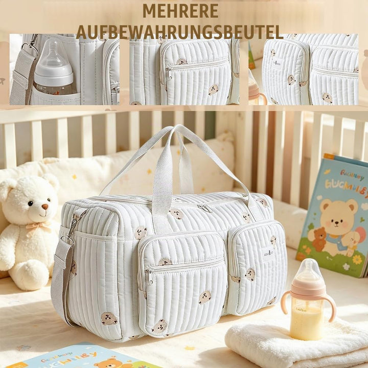 Grosse Wickeltasche Kliniktasche Geburt 48×22×26 cm – Baumwolle Baby Tasche mit Stickerei, Mama Tasc