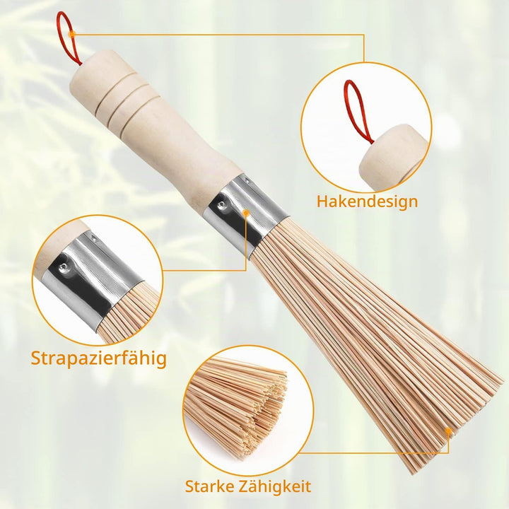 4 STK Wok Bürste Bambus Set, Pilzbürste, Bambus Wok mit Schnur Bürste für Reinigung von Töpfen, Pfan