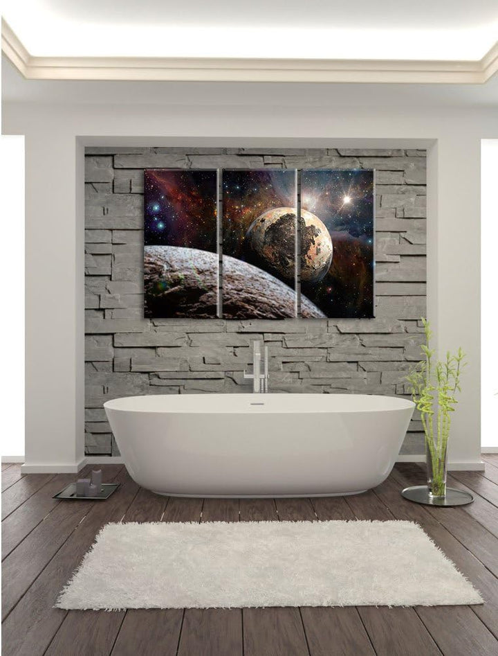 Pixxprint Alien Planeten im Weltall / 3-Teilig/Gesamtmass 120cm Leinwandbild bespannt auf Holzrahmen