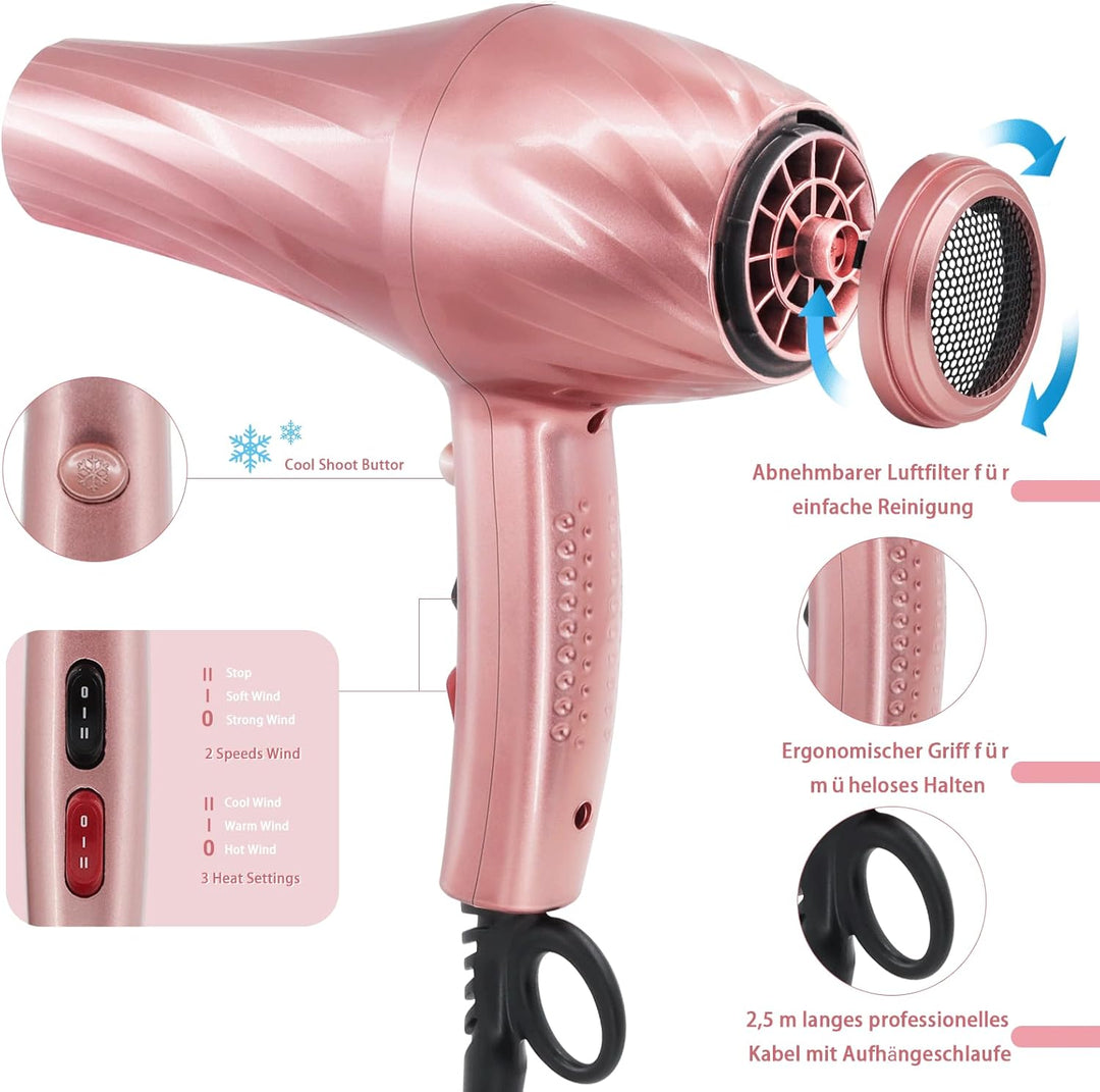 Jooayou Profi Fön Ionen Haartrockner 3000W Föhn mit Diffusor (3 Hitze-und 2 Geschwindigkeiten + Kühl
