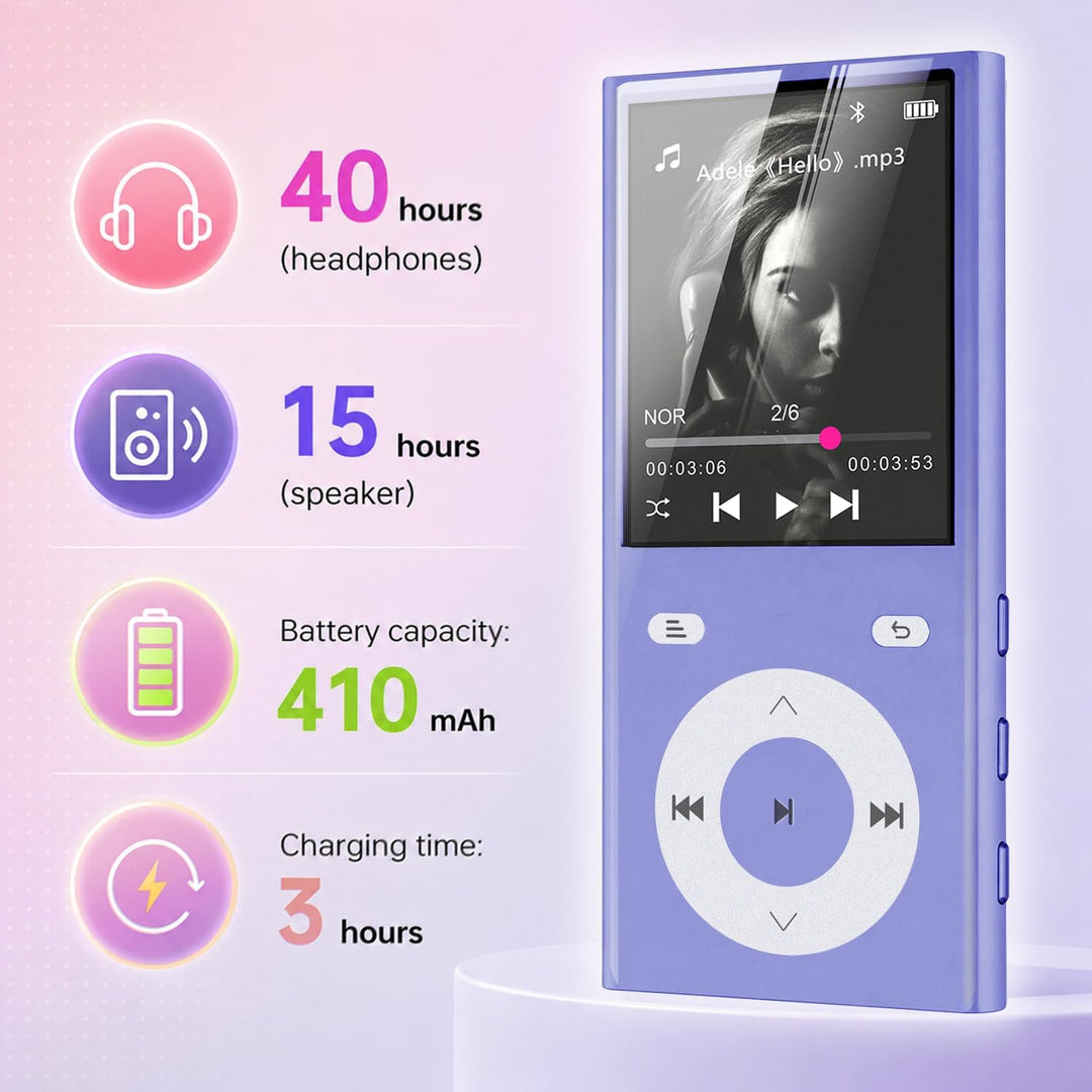 90GB MP3 Player Bluetooth 5.3, Musik Player 2 TF-Kartensteckplätzen Lila, Lila