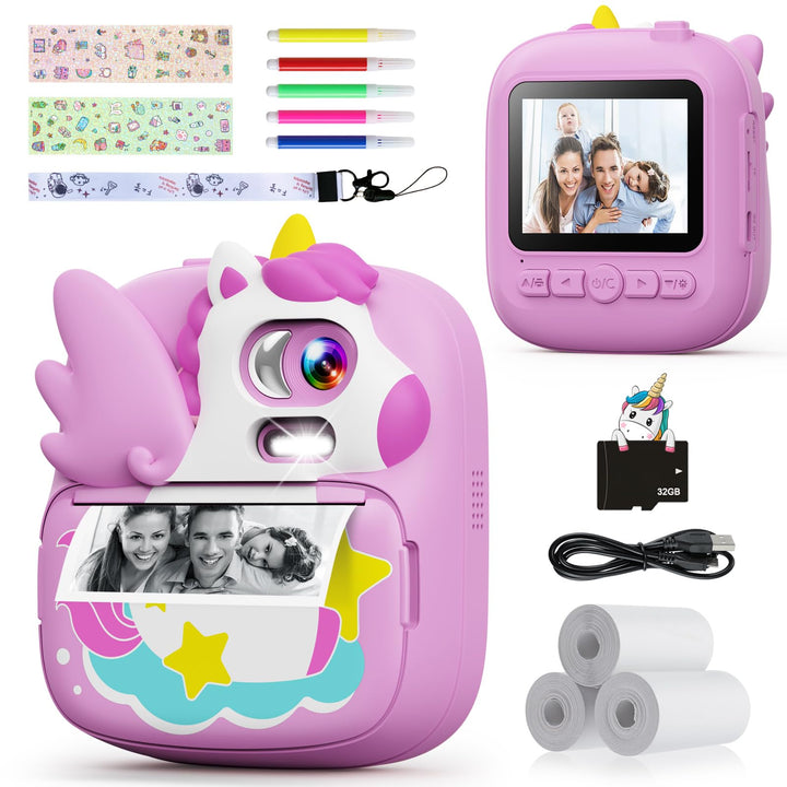 CAMCLID Kinderkamera Sofortbildkamera, 2,4 Zoll Sofortbildkamera Kinder mit 32G TF Karte und Fotopap