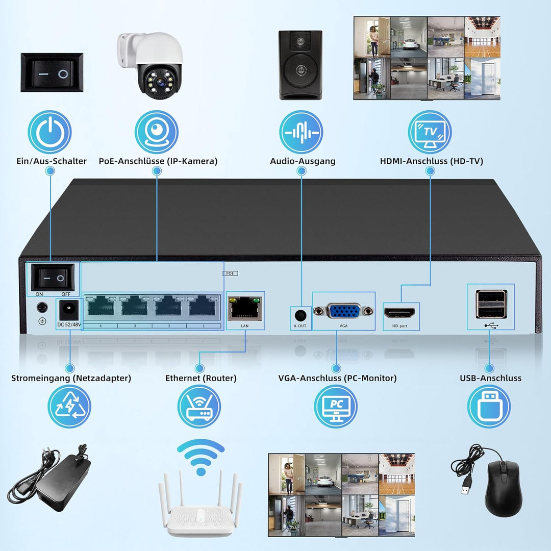 4K Überwachungskamera Aussen Set, 4CH POE mit 1TB HDD, Netzwerk Videorecorder für CCTV Kamerasystem