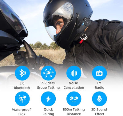 EJEAS Q7 Motorrad Intercom Bluetooth Headsets bis zu 7 Reiters CVC-Rauschunterdrückung, FM, Bluetoot