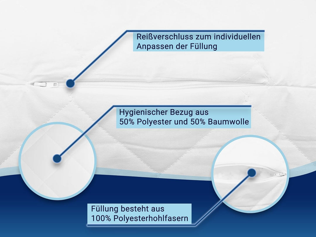 ZOLLNER Komfortables Kopfkissen mit Reissverschluss – Individuell anpassbare Füllung aus Synthetikfa