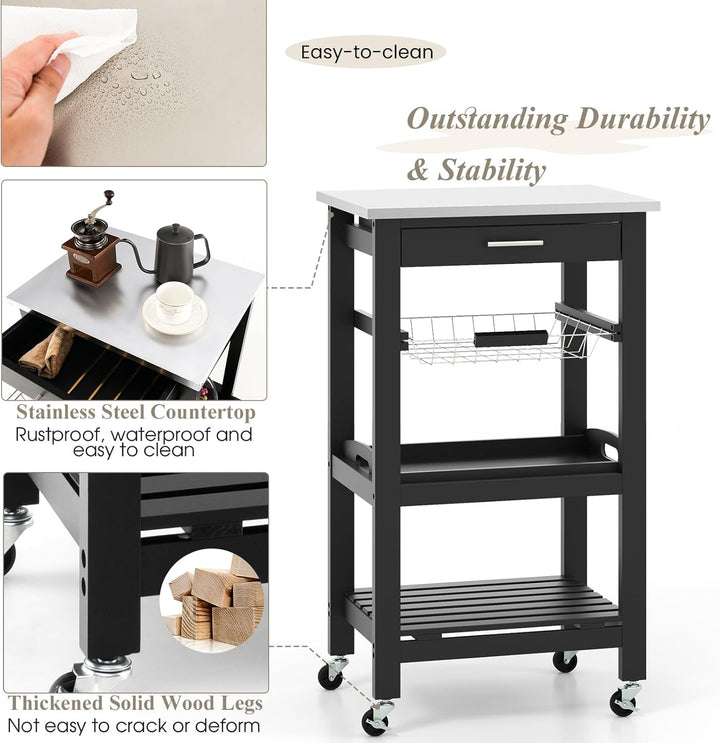 KOMFOTTEU Servierwagen mit Edelstahl Arbeitsplatte, Küchenwagen Klein, Rollwagen mit Schublade & Abl