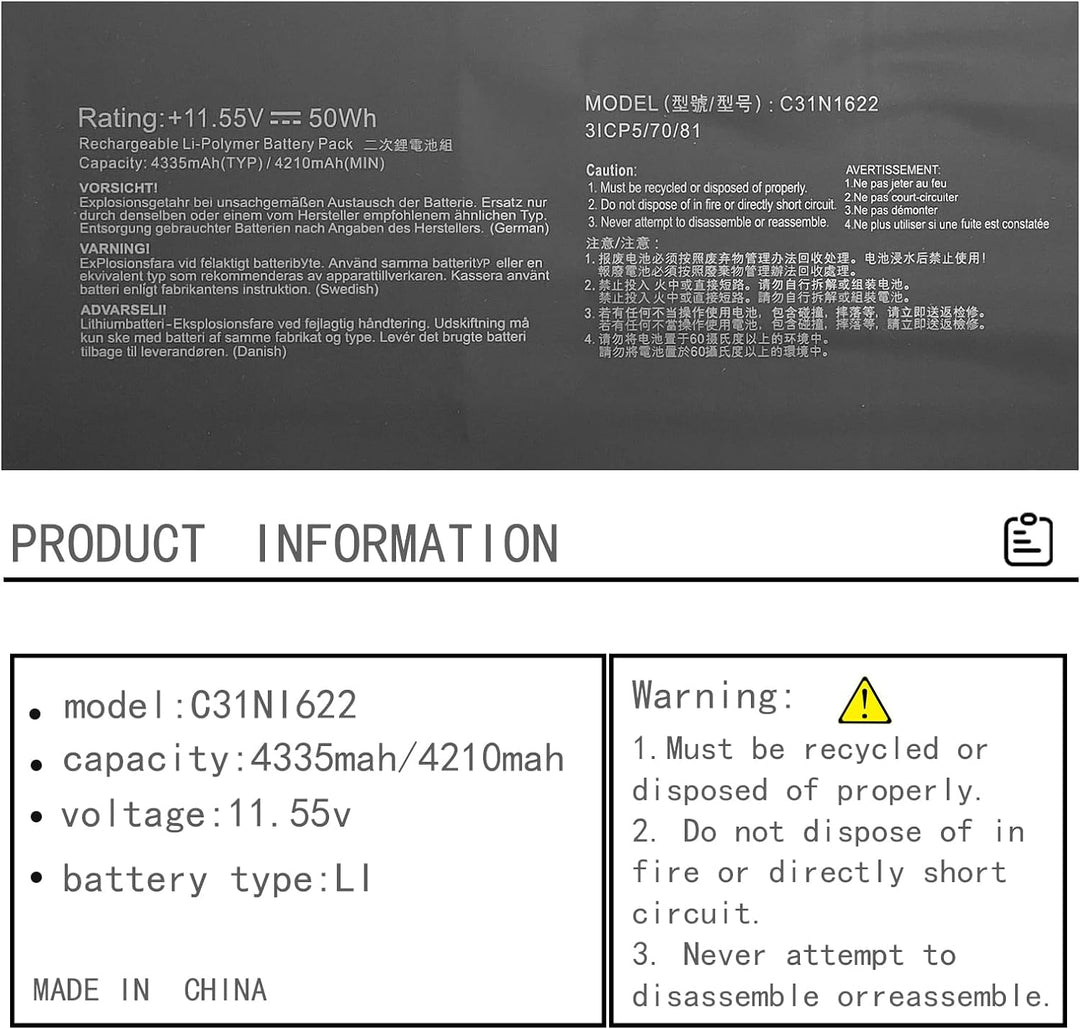 C31N1622 31CP5/70/81 Laptop Batterie Ersatz für Asus ZenBooK UX3430UA UX530UQ UX530UX UX430UA UX430U