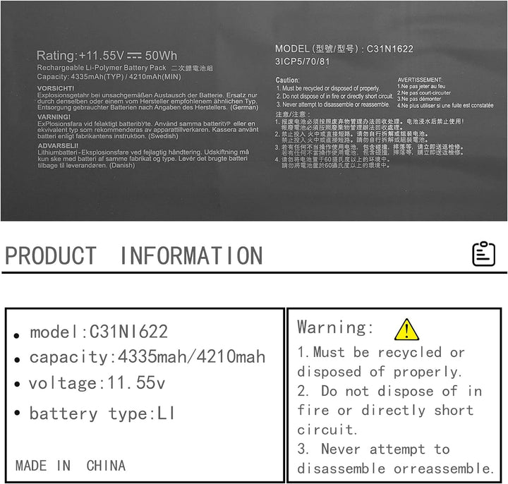C31N1622 31CP5/70/81 Laptop Batterie Ersatz für Asus ZenBooK UX3430UA UX530UQ UX530UX UX430UA UX430U