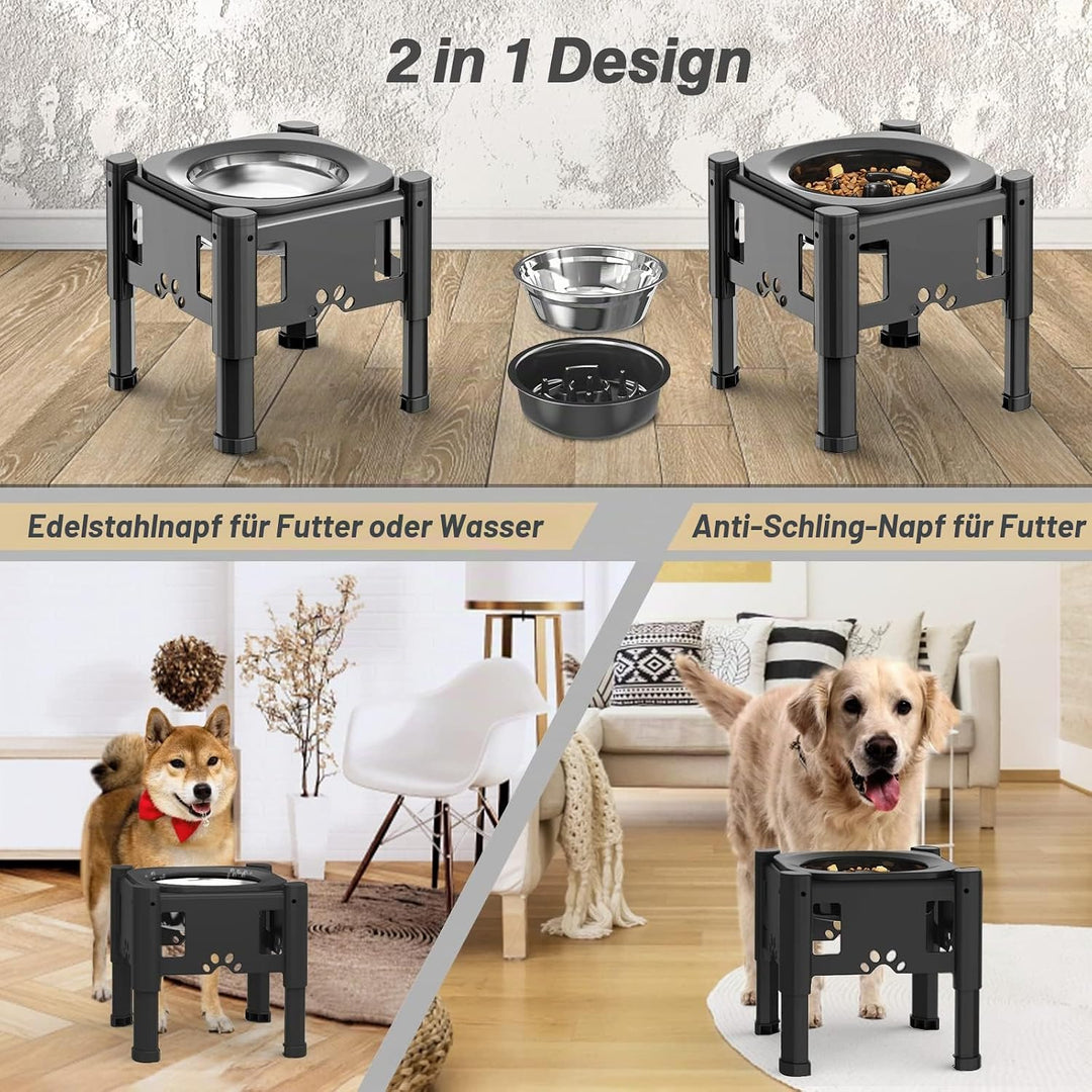 Lewondr Erhöht Hundenapf, 1000ml Edelstahl Hund Futternapf &amp; 1100ml Langsam Futternapf, 3 Höhenverst