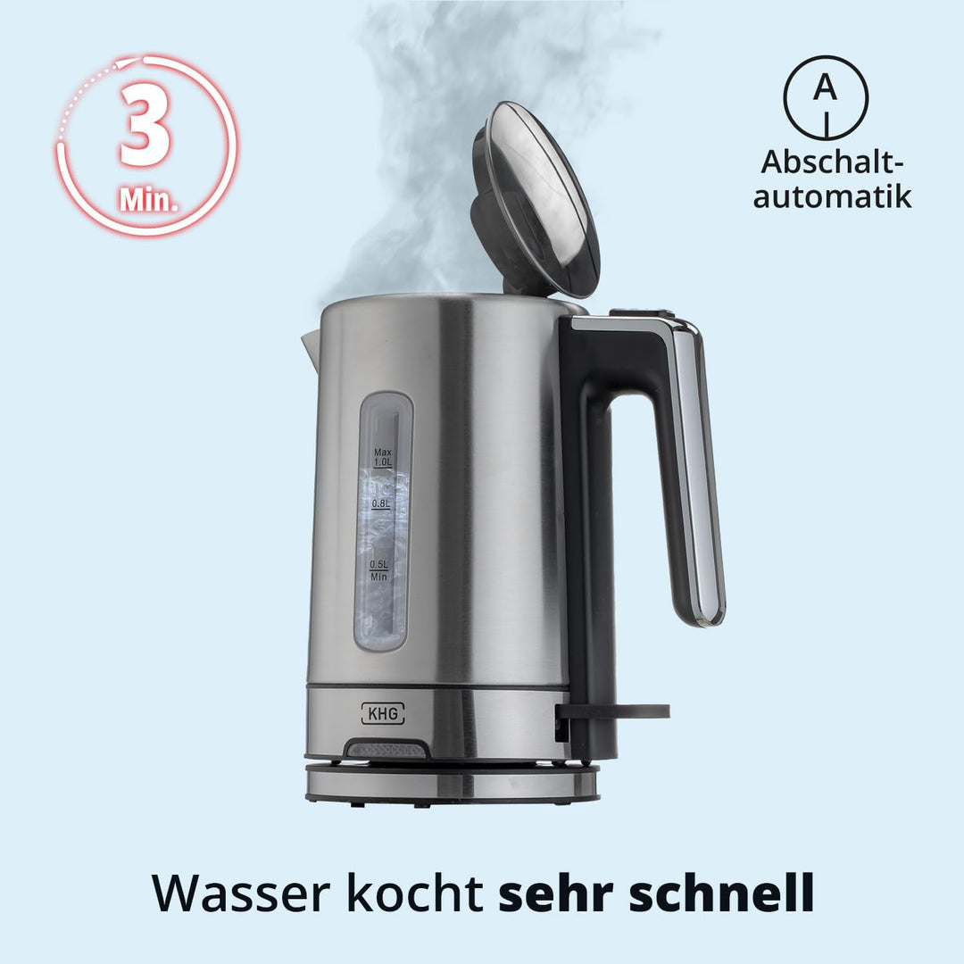 KHG Wasserkocher WK-105 ES Edelstahl, 1 Liter Kapazität | LED-Schaler, Kalkfilter, Wasserstandsanzei
