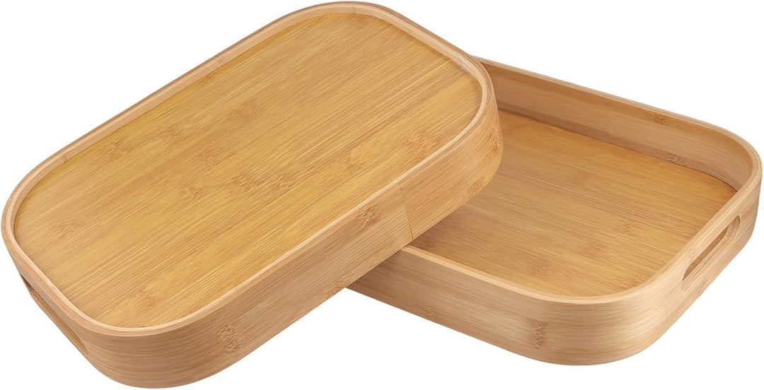 FUNSUEI 3er Set Bambus Serviertablett, Tablett Serviertablett Holz mit Griffen, 2 Grössen Rechteckig