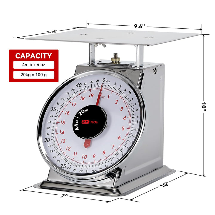 Tada Mechanische Küchenwaage, 20 kg, Edelstahl, robust, Portionskontrolle, Lebensmittelwaage