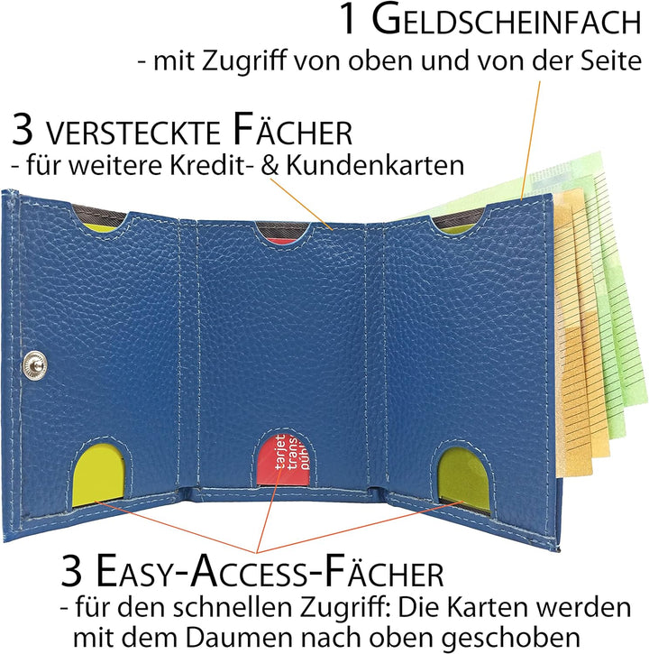 Mini Portemonnaie Damen mit Münzfach, Reise Geldbeutel, klein viele Fächer, Leder blau, RFID Blocker