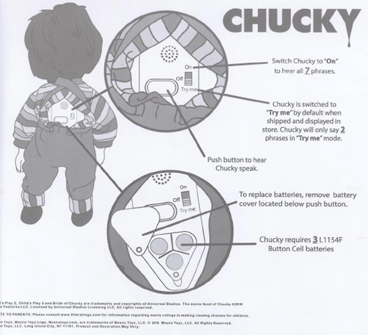 Close Up Child's Play Chucky Puppe 15" Talking Pizza Face Chucky
