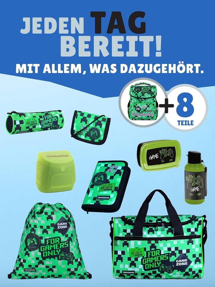 Familando Schulranzen Set Traktor 9-teilig mit Federmappe, Turnbeutel, Heftbox, Bastelschürze, Dose,