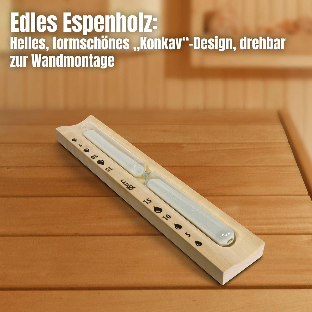 LaJa26 Sauna Sanduhr "Konvex" weisser Sand - FSC Espenholz - Drehgestell aus Holz zur Montage an der