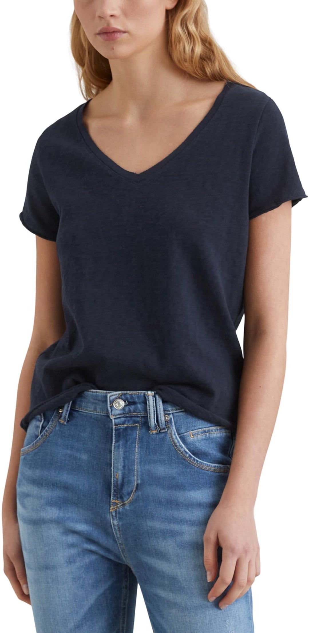 Marc OߴPolo Denim Damen T-Shirt aus Bio-Baumwolle mit V-Ausschnitt, Scandinavian Blue