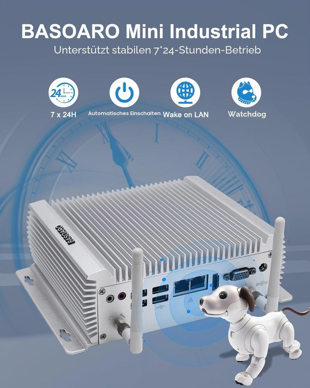 BASOARO Industrie Mini PC Windows 10, lüfterloser Desktop PC, Core i7 4500U, 8GB RAM 256GB SSD, 2 Gi