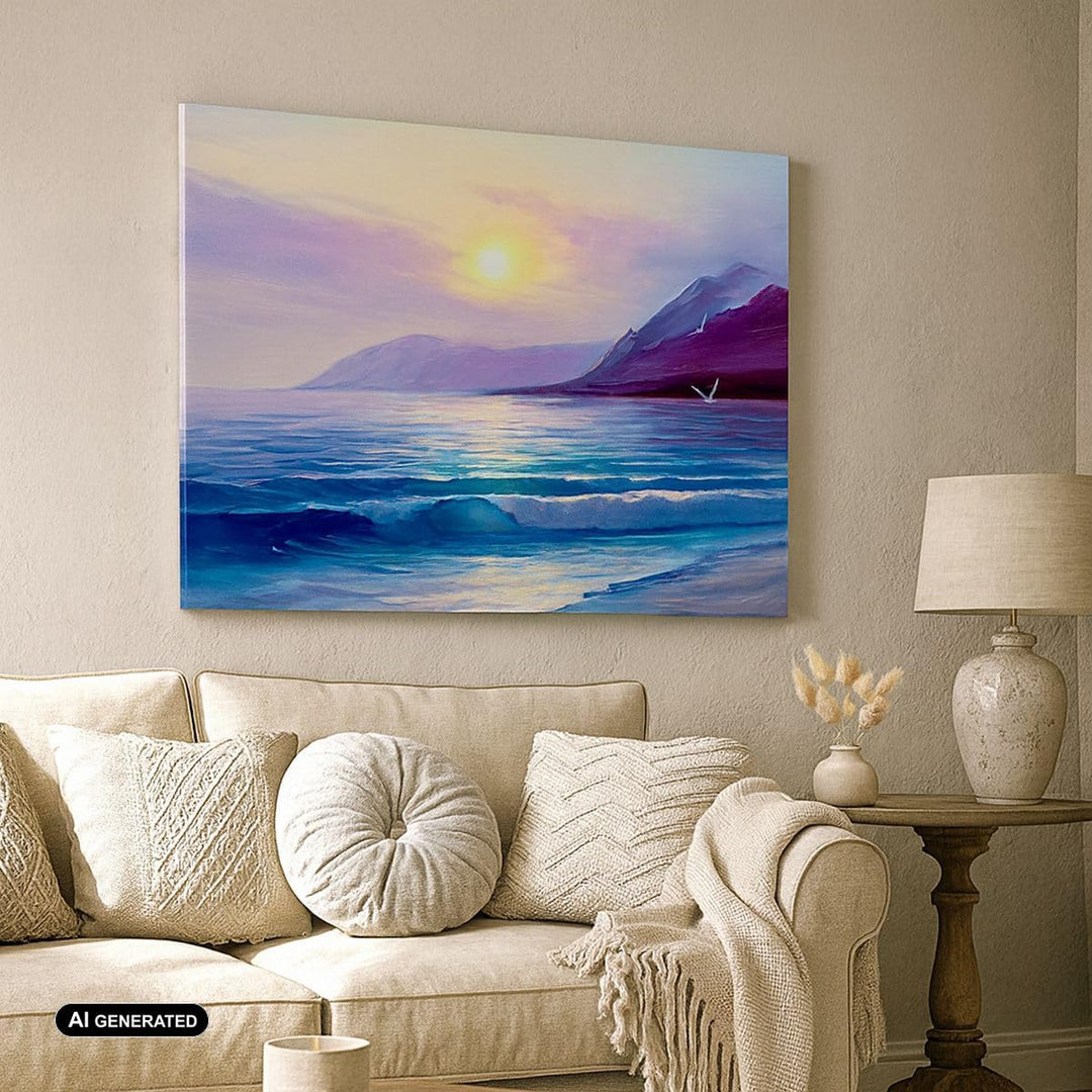 Bilder auf Leinwand Berge Meer Welle Leinwandbild mit Rahmen 70x50cm Wandbilder Dekoration Wohnzimme