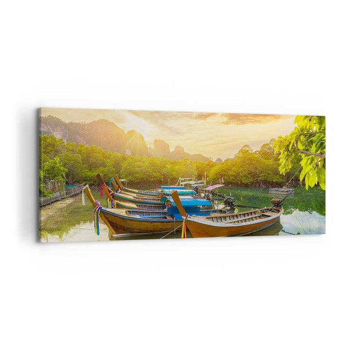 Wandbilder Dekoration Wohnzimmer Berge Boot Wasser Panorama Bilder auf Leinwand 120x50cm Leinwandbil