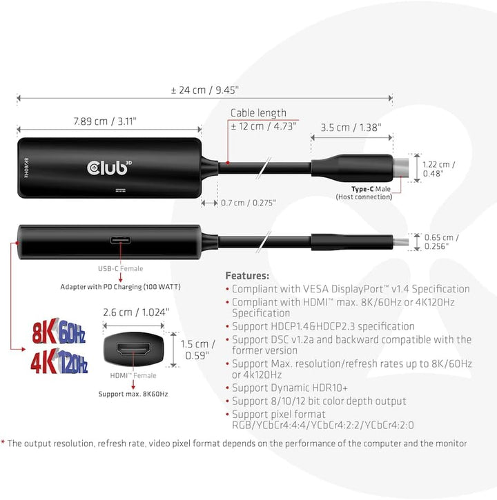 Club3D CAC-1588 USB Gen2 Typ-C zu HDMI™ 8K60Hz oder 4K120Hz HDR10, DSC1.2, Power Delivery 3.0 Activ
