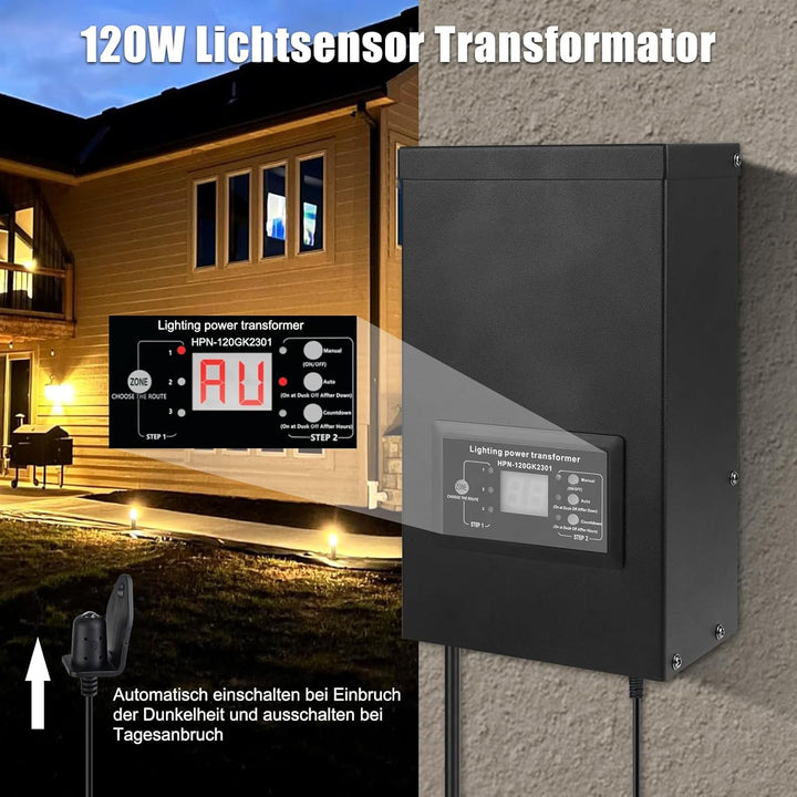 COOLWEST LED Transformator 120W mit Lichtsensor, LED Trafo 230V AC auf 12V AC mit Timer, Transformat