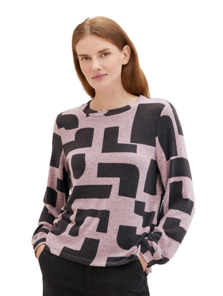 TOM TAILOR Damen Langarmshirt mit Muster S 35135 - Mauve Black Geometric Print, S 35135 - Mauve Blac