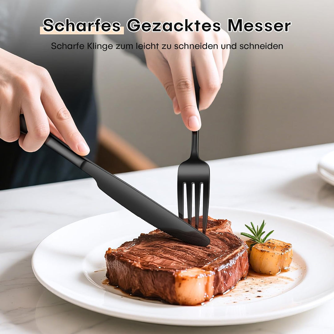 Besteck Set 6 Personen, 30 Teilig Schwarz Besteckset mit Messer Gabel Löffel, Essbesteck Set Edelsta