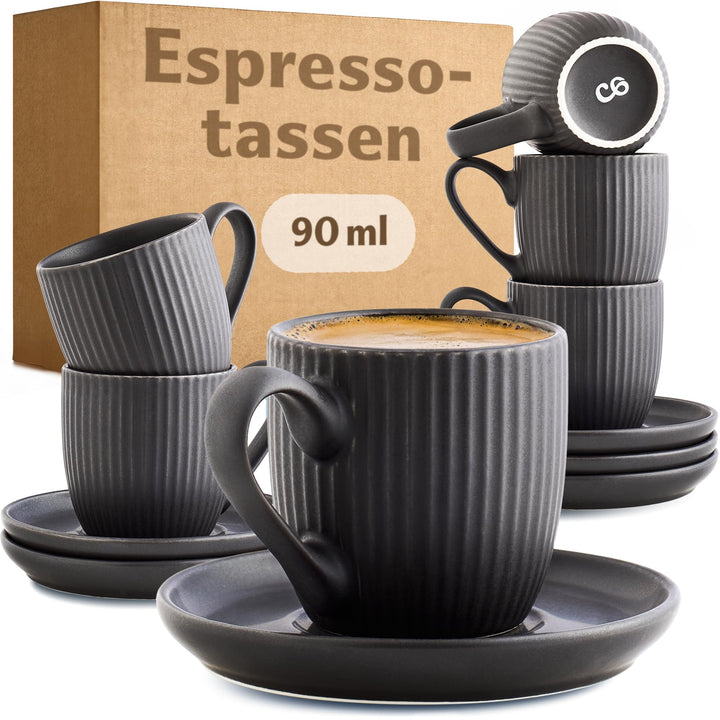 Cosumy Espressotassen Schwarz Matt mit Untertassen 6er Set - 90ml - Streifenmuster Keramik - Spülmas