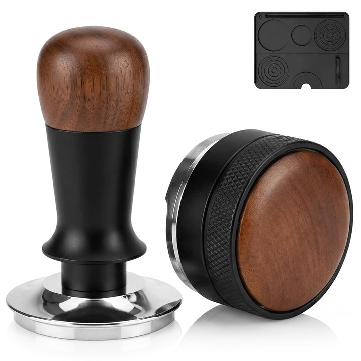 Kaffeetamper Set 58 mm aus Edelstahl – Espresso Tamper mit Holzgriff, Espressopulver-Distributor & S