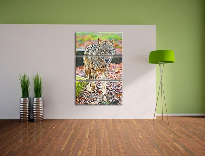 Wolf im Laubwald Spezial 3-Teiler Leinwandbild 120x80 Bild auf Leinwand, XXL riesige Bilder fertig g
