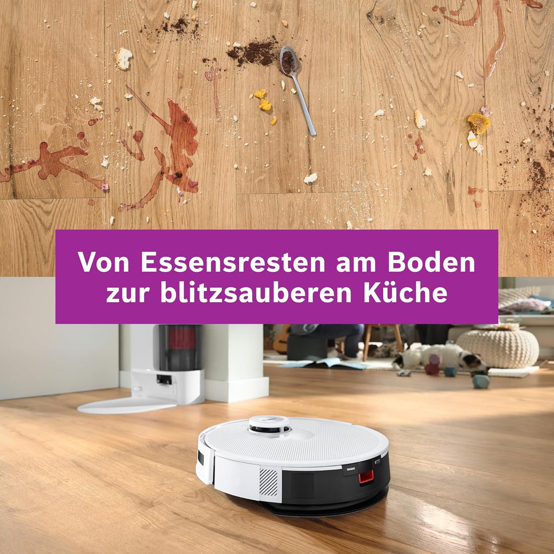 Bosch Spotless + BCRD1W Saugroboter mit Wischfunktion, 11.000 Pa Saugkraft, Wischpad, Trocken-Servic