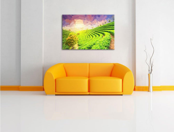 Pixxprint Japanische Treppenfelder Kunst / 100x70cm Leinwandbild bespannt auf Holzrahmen/Wandbild Ku