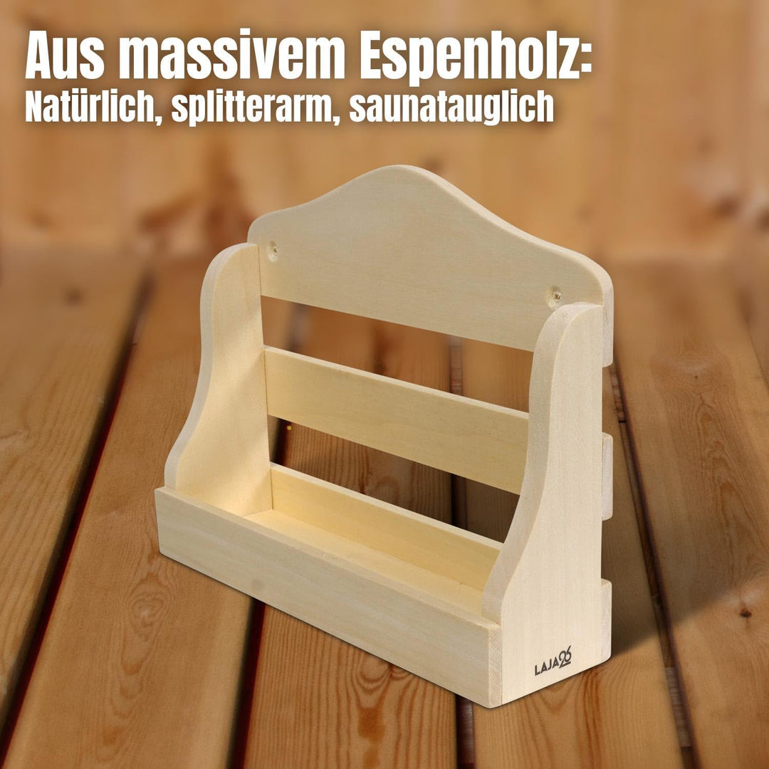 Sauna Wandregal 17x21x6 cm - FSC Espenholz - Platz für 4x Saunadüfte 100 ml Flaschen - Für die Wandm